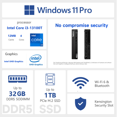 LENOVO ThinkCentre M70q MFF Desktop Intel Core i3 16GB RAM Intel UHD Graphics 1TB SSD Storage Windows 11 Pro - Black