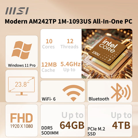 MSI Modern AM242TP 1M Business AIO, 23.8 in FHD Touch 60Hz, Intel Core 7 150U, Intel Graphics, 32GB DDR5, 1TB SSD, Wi-Fi 6, Win11 Pro, Black