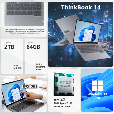LENOVO ThinkBook 14 14-in Traditional Laptop AMD Ryzen 7 16GB RAM AMD Radeon Graphics 512GB SSD Storage Windows 11 Pro 60Hz - Grey