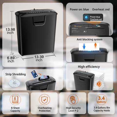 Bonsaii Paper Shredder for Home Use, 8-Sheet StripCut Home Office Shredder, CD/Credit Card Shredder Machine with Overheat Protection, 3.4 Gallons Wastebasket