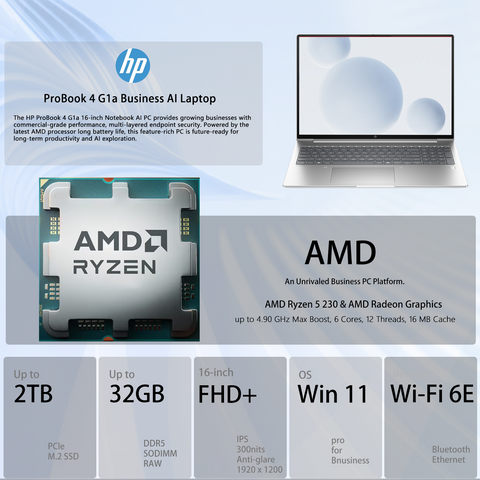 HP ProBook 4 16 inches Traditional Laptop AMD Ryzen 5 32GB RAM AMD Radeon Graphics 2TB SSD Storage Windows 11 Pro 60Hz - Silver