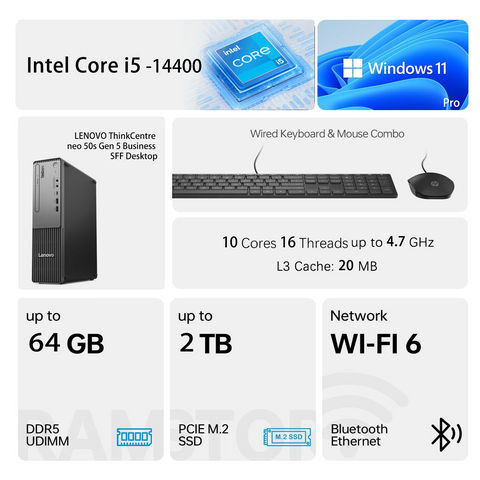 LENOVO ThinkCentre neo 50s SFF Desktop Intel Core i5 8GB RAM Intel UHD Graphics 256GB SSD Storage Windows 11 Pro - Black