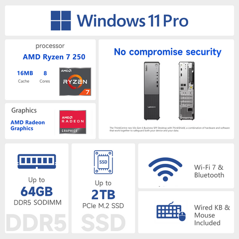 LENOVO ThinkCentre neo 55s SFF Desktop AMD Ryzen 7 32GB RAM AMD Radeon Graphics 2TB SSD Storage Windows 11 Pro - Black