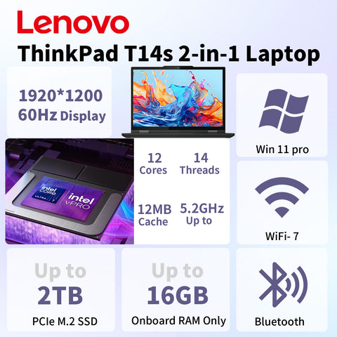 LENOVO ThinkPad T14s 14 inches 2-in-1 Laptop Intel Core Ultra 7 16GB RAM Intel Graphics 1TB SSD Storage Windows 11 Pro 60Hz - Black