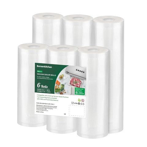 Bonsenkitchen Vacuum Sealer Rolls Bags, 6 Pack 3 Rolls 11" x 20' + 3 Rolls 8" x 20' Commercial Grade BPA Free Bag Rolls, Durable Customized Size Food Vac Bags for Storage and Sous Vide Cooking VB3211
