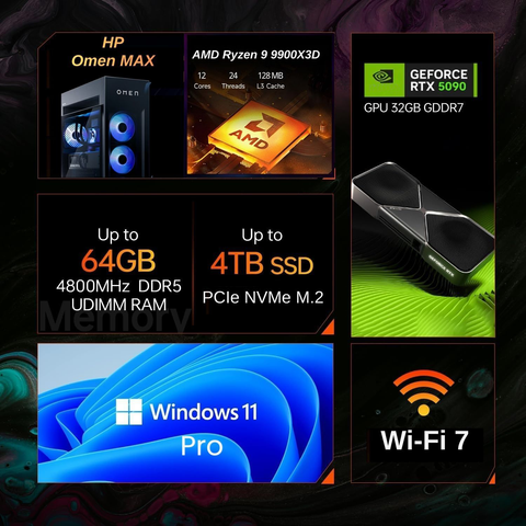 HP Omen MAX Tower Desktop AMD Ryzen 9 128GB RAM NVIDIA GeForce RTX 5090 4TB SSD Storage Windows 11 Pro - Black