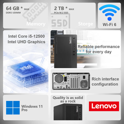 LENOVO ThinkCentre M90t Tower Desktop Intel Core i5 16GB RAM Intel UHD Graphics 512GB SSD Storage Windows 11 Pro - Black