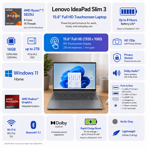 LENOVO IdeaPad Slim 3 Gen 8 Premium Traditional Laptop, 15.6" FHD 1920x1080 Touchscreen 60Hz, AMD Ryzen 7 5825U, AMD Radeon Graphics, 16GB Onboard RAM Only, 256GB PCIe M.2 SSD, Wi-Fi 6, Windows 11 Home, Grey