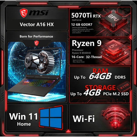 MSI Vector 16 16 inches Traditional Laptop AMD Ryzen 9 16GB RAM NVIDIA GeForce RTX 5070 Ti 1TB SSD Storage Windows 11 Home 240Hz - Black