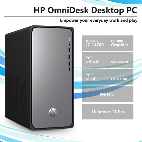 HP OmniDesk Tower Desktop Intel Core i7 16GB RAM Intel UHD Graphics 2TB SSD Storage Windows 11 Pro - Black