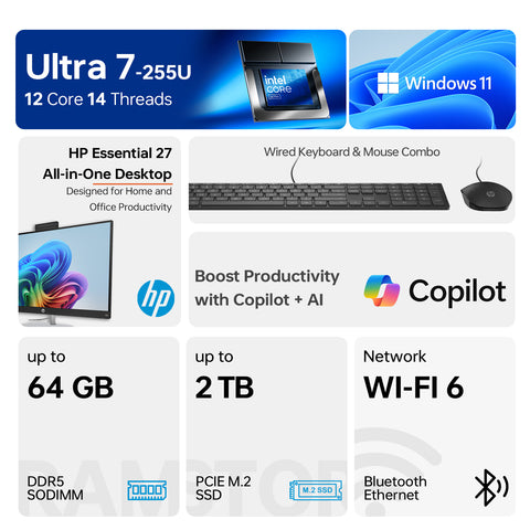 HP Essential 27 inches All-in-One Intel Core Ultra 7 32GB RAM Intel Graphics 2TB SSD Storage Windows 11 Pro 60Hz - Black