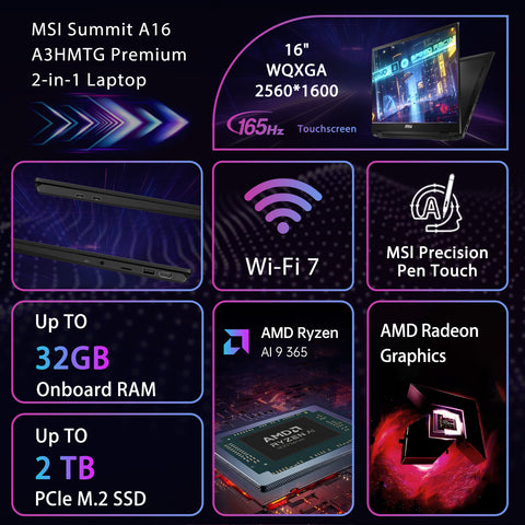 MSI Summit A16 16" 2-in-1 Laptop AMD Ryzen AI 9 32GB RAM AMD Radeon Graphics 1TB SSD Storage Windows 11 Pro 165Hz - Black