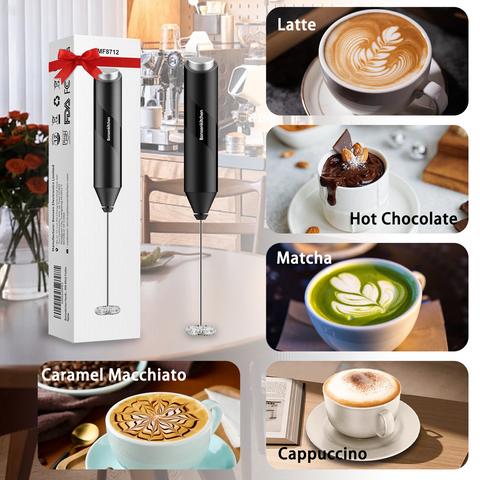 Bonsenkitchen Milk Frother Handheld, Electric Foam Maker with Stainless Steel Whisk, Hand Drink Mixer for Coffee, Lattes, Cappuccino, Matcha, Battery Operated, Stirrer Coffee Wand