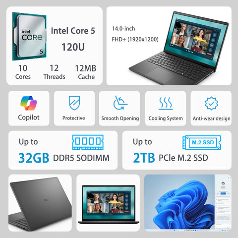 DELL 14 14 inches Traditional Laptop Intel Core 5 32GB RAM Intel Graphics 1TB SSD Storage Windows 11 Pro 60Hz - Black