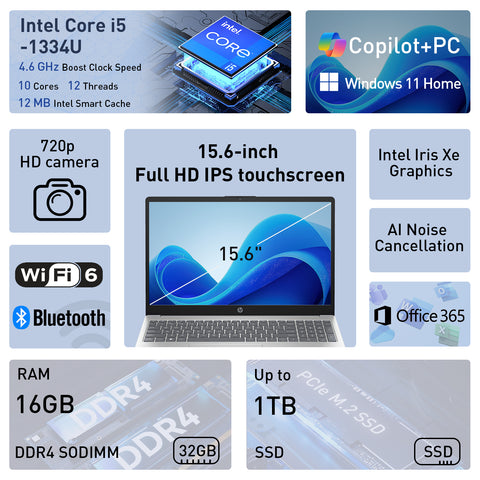 HP Essential 15.6 inches Traditional Laptop Intel Core i5 16GB RAM Intel Iris Xe Graphics 1TB SSD Storage Windows 11 Home 60Hz - Silver