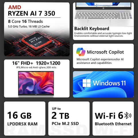 HP OmniBook 5 16 in Traditional Laptop AMD Ryzen AI 7 16GB RAM AMD Radeon Graphics 2TB SSD Storage Windows 11 Pro 60Hz - Silver