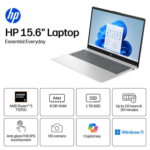 HP Essential X 15.6 inches Traditional Laptop AMD Ryzen 5 8GB RAM AMD Radeon Graphics 512GB SSD Storage Windows 11 Pro 60Hz - Silver