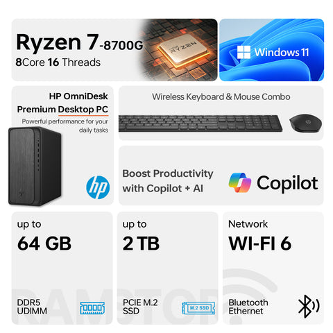 HP OmniDesk Tower Desktop AMD Ryzen 7 32GB RAM AMD Radeon Graphics 2TB SSD Storage Windows 11 Pro - Black