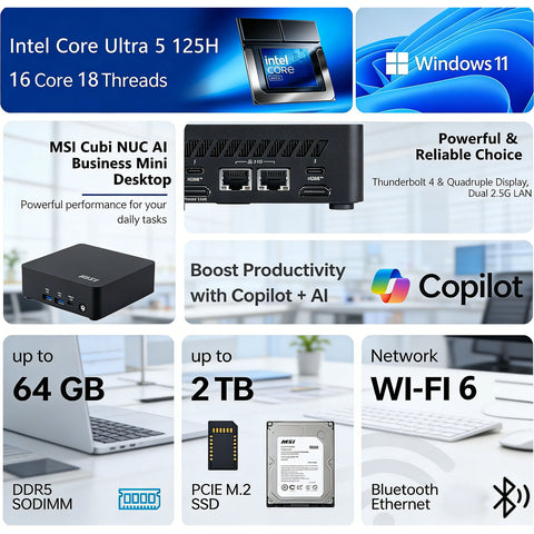 MSI Cubi NUC AI Mini Desktop Intel Core Ultra 5 32GB RAM Intel Graphics 1TB SSD Storage Windows 11 Pro - Black