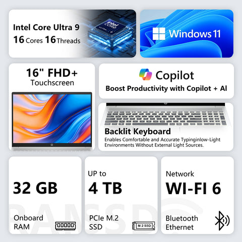 HP OmniBook 5 16 in Traditional Laptop Intel Core Ultra 9 285H 32GB RAM Intel Arc 140T 2TB SSD Storage Windows 11 Pro Touch 60Hz - Silver
