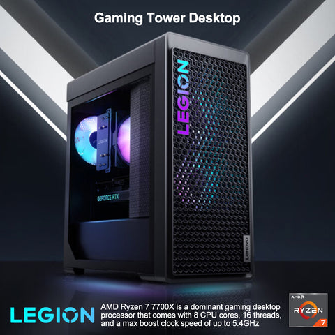 LENOVO Legion T5 Gaming Tower Desktop, AMD Ryzen 7 7700X, NVIDIA GeForce RTX 4070, 16GB DDR5 UDIMM, 512GB PCIe M.2 SSD + 1TB 3.5" HDD, Wi-Fi 6, Non-backlit Keyboard, Windows 11 Home, Black