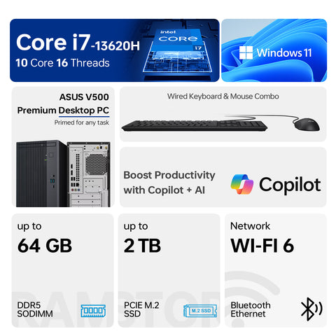 ASUS V500 Tower Desktop Intel Core i7 16GB RAM Intel UHD Graphics 1TB SSD Storage Windows 11 Pro - Black