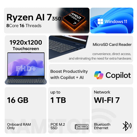 LENOVO IdeaPad 5 16" 2-in-1 Laptop AMD Ryzen AI 7 16GB RAM AMD Radeon Graphics 512GB SSD Storage Windows 11 Home 60Hz - Blue