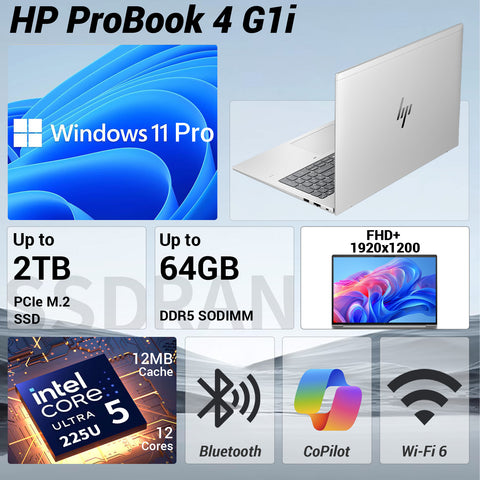HP ProBook 4 16 in FHD Business Laptop, Intel Core Ultra 5 225U, Intel Graphics, 16GB DDR5, 1TB SSD, Wi-Fi 6, Win11 Pro, Silver