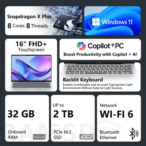 HP OmniBook 5 16 in Traditional Laptop Qualcomm Snapdragon X Plus 32GB RAM Qualcomm Adreno X1-45 1TB SSD Storage Windows 11 Pro Touch 60Hz - Silver