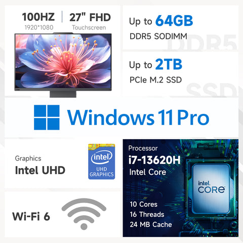 Lenovo ThinkCentre neo 50a 27" Business All-in-One Intel Core i7 13620H 16GB RAM Intel UHD Graphics 512GB SSD Storage Windows 11 Pro FHD 100Hz - Black