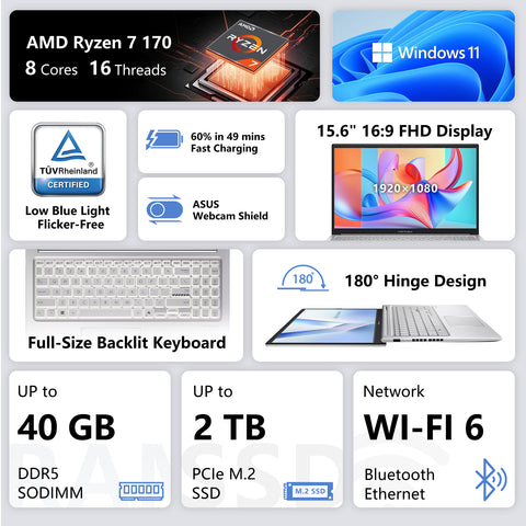 ASUS Vivobook 15 15.6 in Traditional Laptop AMD Ryzen 7 170 32GB RAM AMD Radeon Graphics 1TB SSD Storage Windows 11 Pro 60Hz - Silver