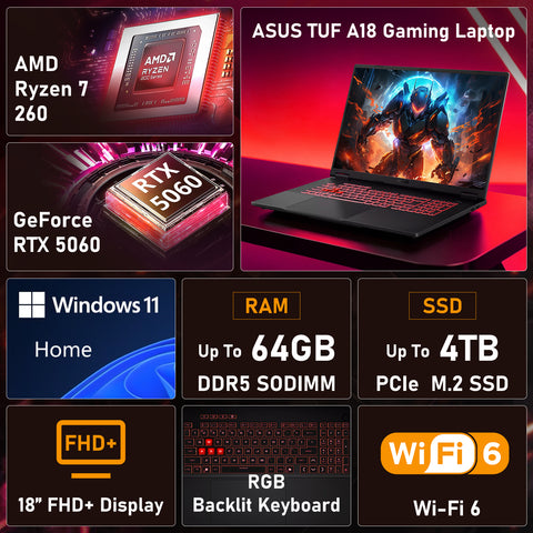 ASUS TUF A18 FA808UM Gaming Traditional Laptop, 18" FHD+ 1920x1200 Non-touch 144Hz, AMD Ryzen 7 260, NVIDIA GeForce RTX 5060, 16GB DDR5 SODIMM, 1TB PCIe M.2 SSD, Wi-Fi 6, Windows 11 Home, Grey
