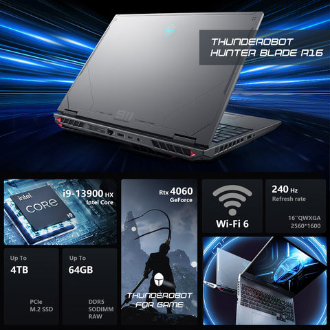 Thunderobot Radiant 16 4060 2.5K Gaming Laptop, 16" WQXGA 240Hz Display, Intel Core i9-13900HX, GeForce RTX 4060, 16GB DDR5 RAM, 512GB PCIe SSD, RGB Backlit Keyboard, Wi-Fi 6, Win 11 Home, Gray