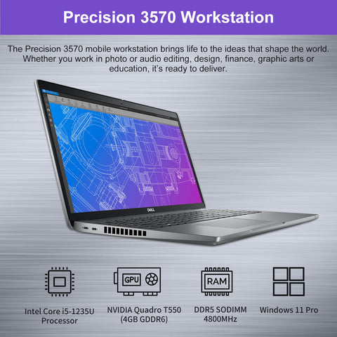 DELL Precision 3000 Series 3570 Business Mobile Workstation Laptop, 15.6" FHD 1920*1080 Non-touch 60Hz, Intel Core i5-1235U, NVIDIA Quadro T550, 16GB DDR5 SODIMM, 256GB PCIe M.2 SSD, Wi-Fi 6, Non-RGB Backlit Keyboard, Windows 11 Pro, Grey
