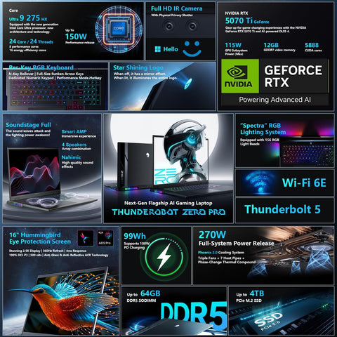 THUNDEROBOT ZERO 16 16-in Traditional Laptop Intel Core Ultra 9 64GB RAM NVIDIA GeForce RTX 5070 Ti 2TB SSD Storage Windows 11 Home 360Hz - Black
