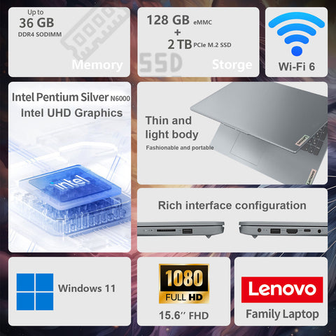 LENOVO IdeaPad 1 15.6" Traditional Laptop Intel Pentium Silver 4GB RAM Intel UHD Graphics 128GB eMMC Storage Windows 11 Home 60Hz - Grey