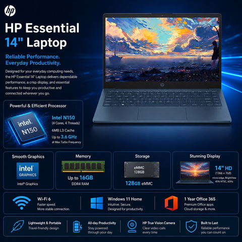 HP Essential 14 in Traditional Laptop, Intel N-Series N150, Intel Graphics, 16GB DDR4, 128GB eMMC, Wi-Fi 6, Win11 Home, Blue