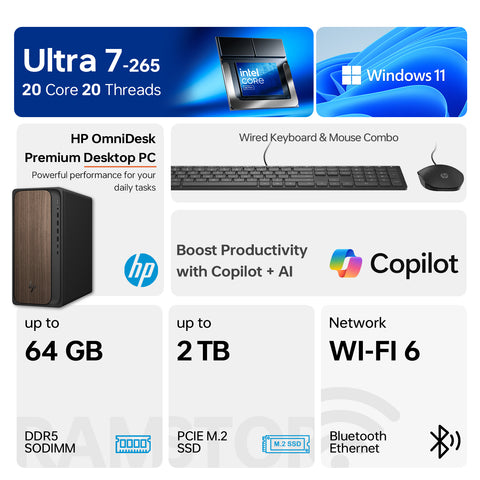 HP OmniDesk Tower Desktop Intel Core Ultra 7 32GB RAM Intel Graphics 1TB SSD Storage Windows 11 Pro - Black