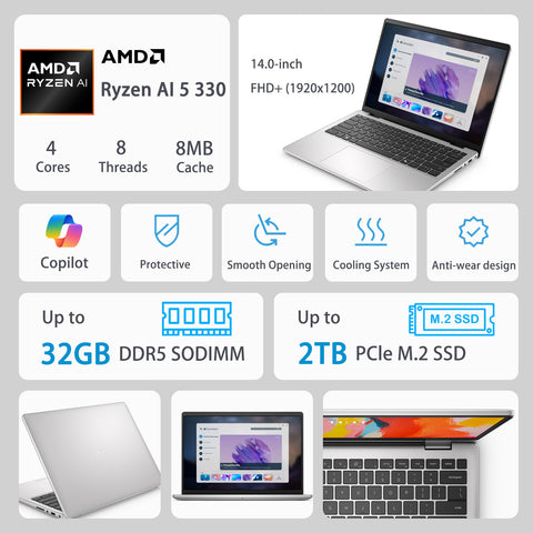DELL 14 14 inches Traditional Laptop AMD Ryzen AI 5 32GB RAM AMD Radeon Graphics 1TB SSD Storage Windows 11 Home 60Hz - Silver