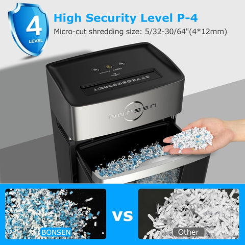BONSEN 12-Sheet Micro Cut Paper Shredder for Home Office Use, High Security Level P-4 /55dB Ultra-Quiet/40-Minutes Shredding Shreds Credit Card/Staples, 5.3-Gallons Pullout Bin (S3106)
