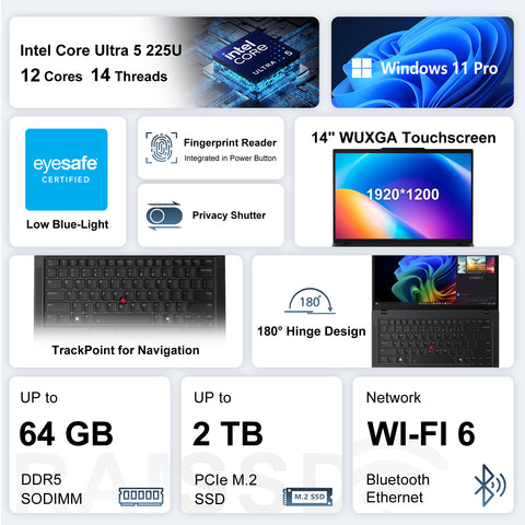 Lenovo ThinkPad T14 14 in FHD+ Touch Business AI Laptop, Intel Core Ultra 5 225U, Intel Graphics, 64GB DDR5, 1TB SSD, Wi-Fi 6, Win11 Pro, Black