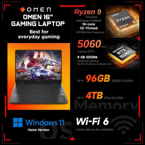 HP Omen 16z-ap000 Gaming Traditional Laptop, 16" FHD+ 1920x1200 Non-touch 144Hz, AMD Ryzen 9 8940HX, NVIDIA GeForce RTX 5060, 64GB DDR5 SODIMM, 1TB PCIe M.2 SSD, Wi-Fi 6, Windows 11 Home, Black