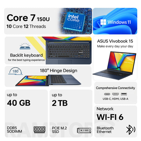 ASUS Vivobook 15 15.6 in Traditional Laptop Intel Core 7 16GB RAM Intel Graphics 2TB SSD Storage Windows 11 Pro 60Hz - Blue