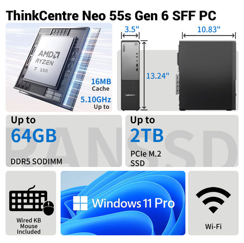 Lenovo ThinkCentre neo Business SFF Desktop, AMD Ryzen 7 250, AMD Radeon Graphics, 32GB DDR5, 1TB SSD, Win11 Pro, Black