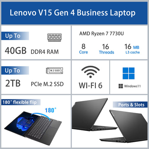 LENOVO V-Series V15 15.6 inches Traditional Laptop AMD Ryzen 7 40GB RAM AMD Radeon Graphics 2TB SSD Storage Windows 11 Pro 60Hz - Black