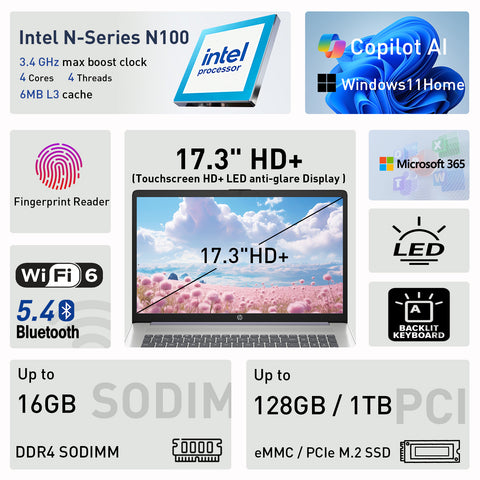 HP 17.3 Inch Touchscreen Laptop, Intel N100, Intel UHD Graphics, 16GB RAM, 128GB eMMC + 1TB SSD, Wi Fi 6, Windows 11 Home, Purple