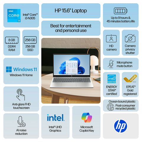 HP Essential 15.6" Traditional Laptop Intel Core i3 8GB RAM Intel UHD Graphics 256GB SSD Storage Windows 11 Home 60Hz - Blue