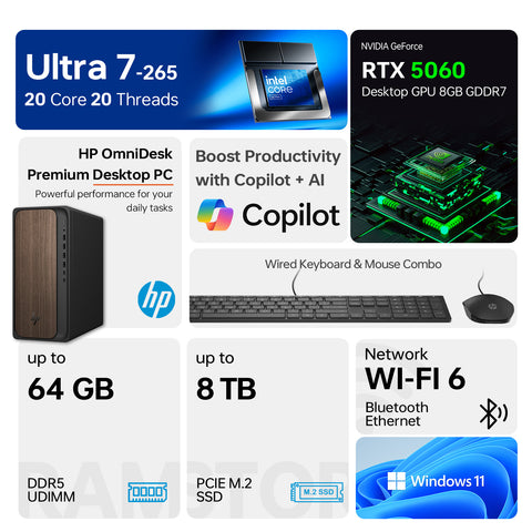 HP OmniDesk Tower Desktop Intel Core Ultra 7 16GB RAM NVIDIA GeForce RTX 5060 1TB SSD Storage Windows 11 Pro - Black