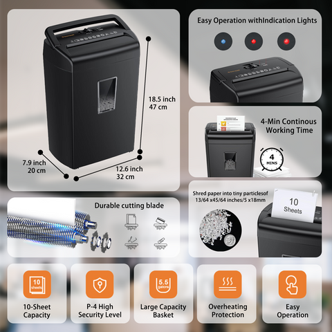 Bonsaii 10-Sheet Cross Cut Paper Shredder, 5.5 Gal Home Office Heavy Duty Shredder for Credit Card, Staple, Clip with Transparent Window(C209-D)