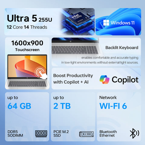 HP 17.3 in Touchscreen Business Copliot AI Laptop, Intel Core Ultra 5 225U, 16GB DDR5 RAM, 2TB SSD, Wi-Fi 6, Win11 Home, Silver